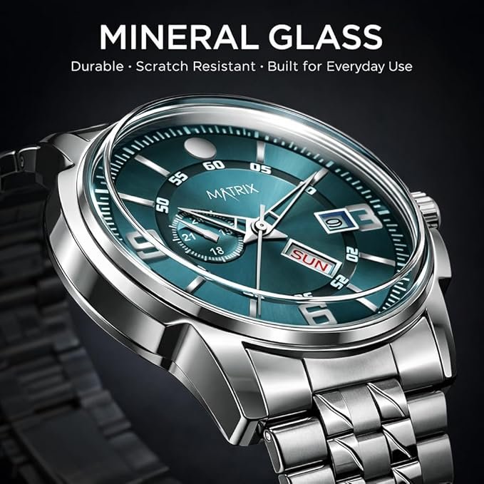 Matrix Black, Blue, White Dial, Day & Date Functioning, Stainless Steel Strap Analog Watch for Men & Women