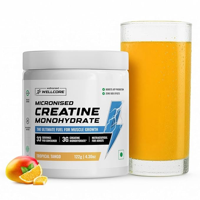 Wellcore Pure Micronised Creatine Powder (33 Servings, Tropical Tango) For Enhanced Muscle Strength With Rapid Absorption | Creatine Monohydrate | Wellcore Creatine Flavoured - 122g
