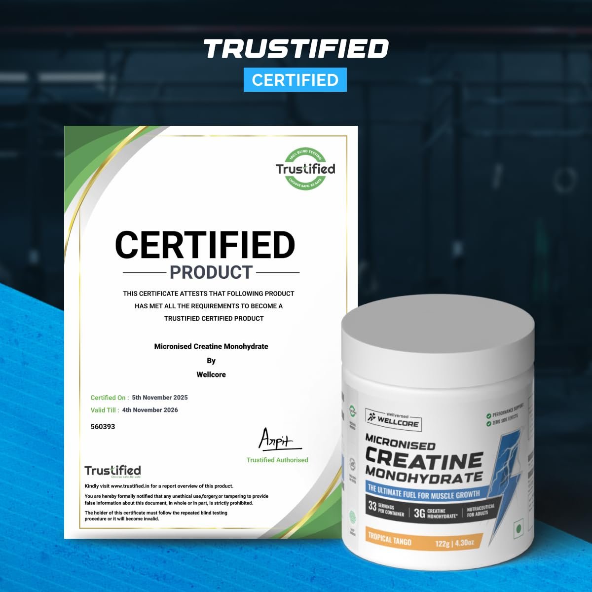Wellcore Pure Micronised Creatine Powder (33 Servings, Tropical Tango) For Enhanced Muscle Strength With Rapid Absorption | Creatine Monohydrate | Wellcore Creatine Flavoured - 122g
