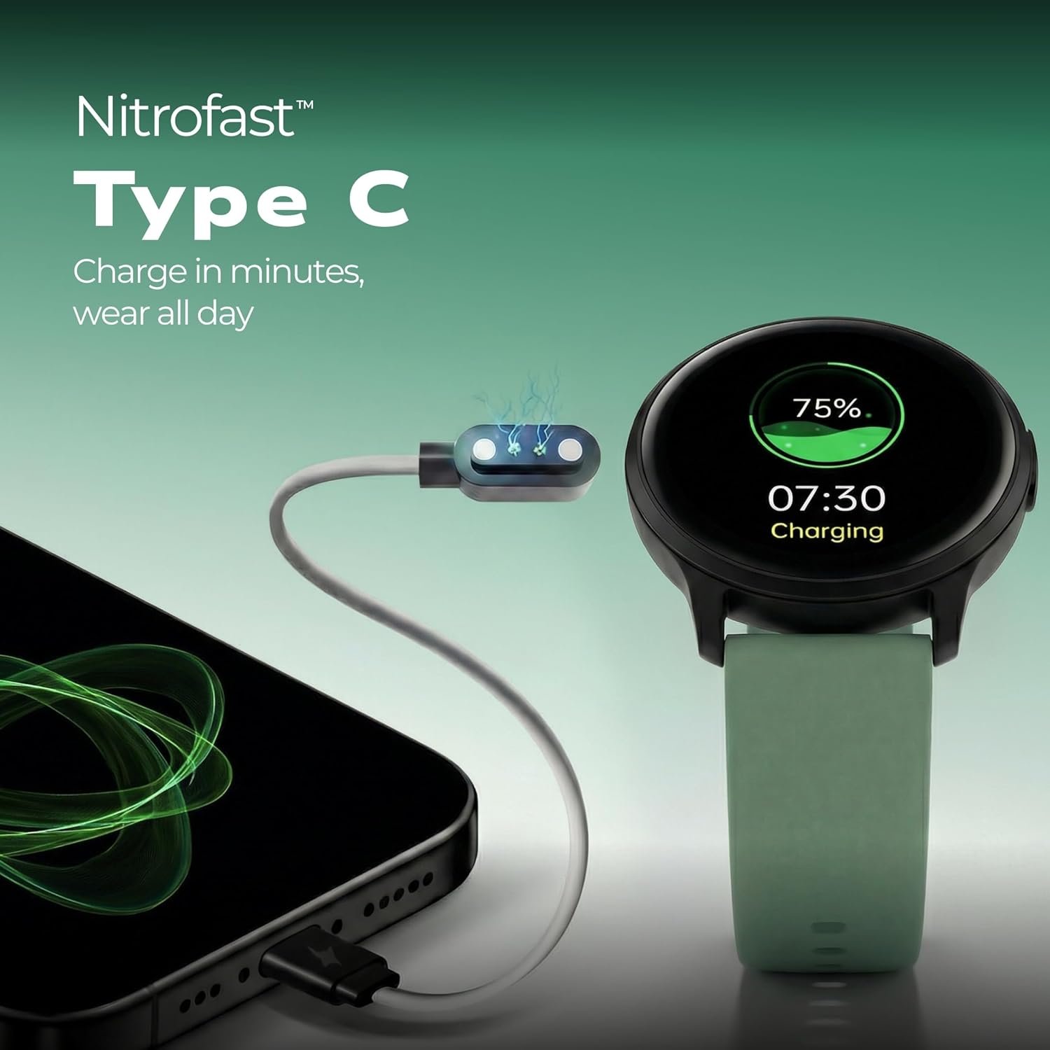 Fastrack Jupiter R3 1.38" Ultra UV Round Display with Nitro Fast Charging,Single Sync BT Calling, HRM, SPO2, Upto 5 Days Battery Life Smart Watch for Man & Woman - Sage Green